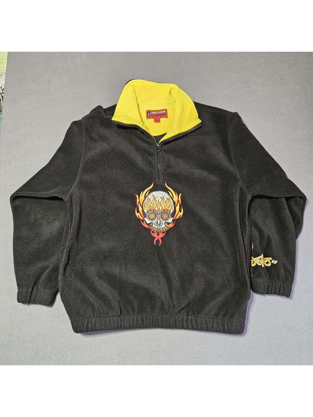 JNCO Jeans M Black Yellow Quarter Zip Fleece Skull Flame Pullover Y2K Streetwear